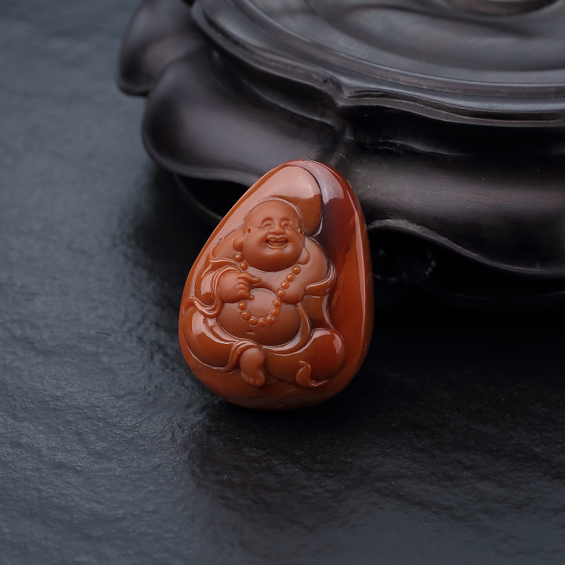 天然柿子红南红弥勒佛吊坠-红掌柜