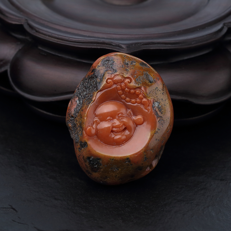 天然铁皮包浆料南红弥勒佛吊坠-红掌柜