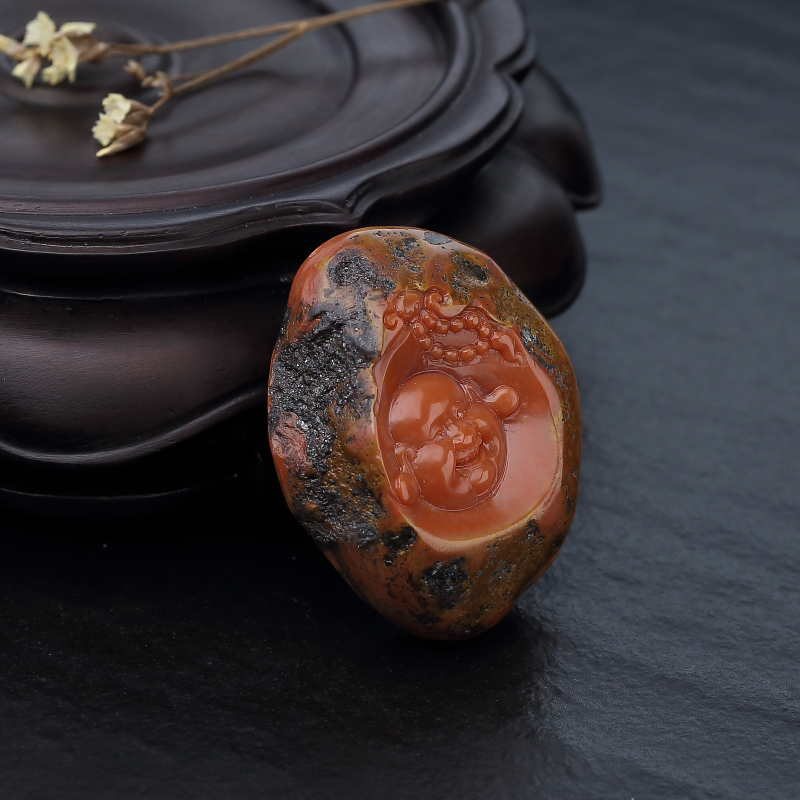 天然包浆料南红弥勒佛吊坠-红掌柜