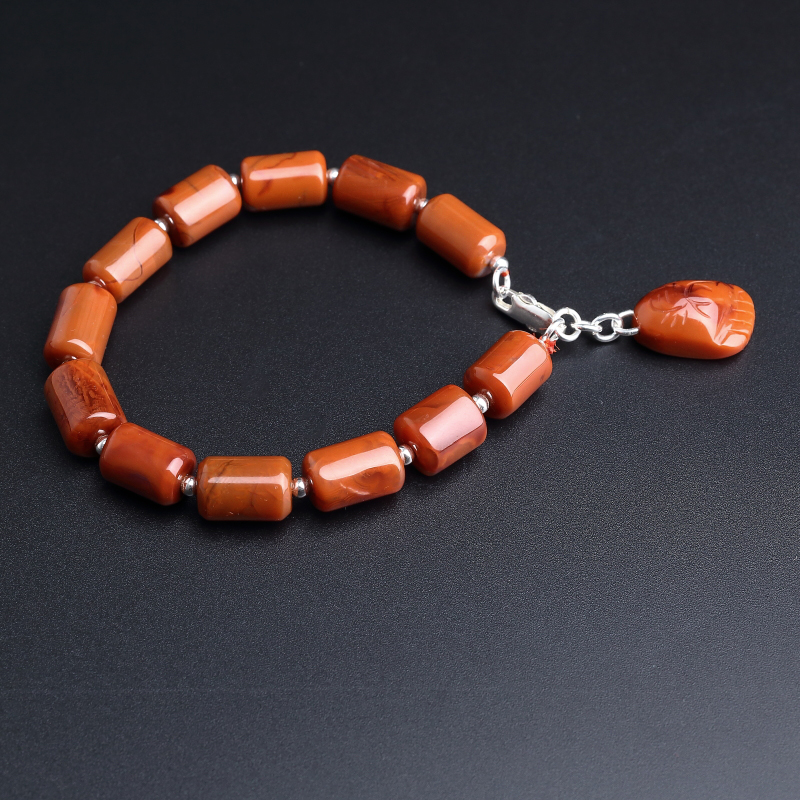 天然柿子红南红桶珠手串-红掌柜