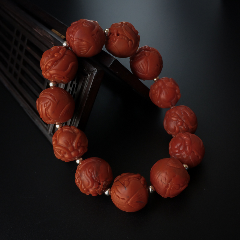 川料天然柿子红南红貔貅珠手串-红掌柜