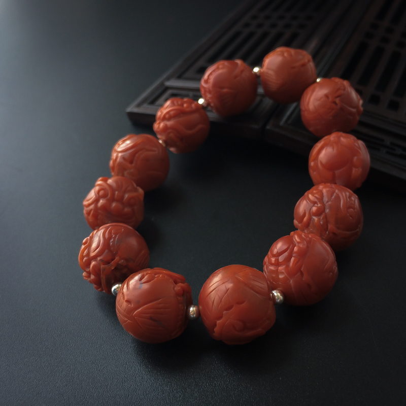 14mm川料柿子红南红貔貅珠手串-红掌柜