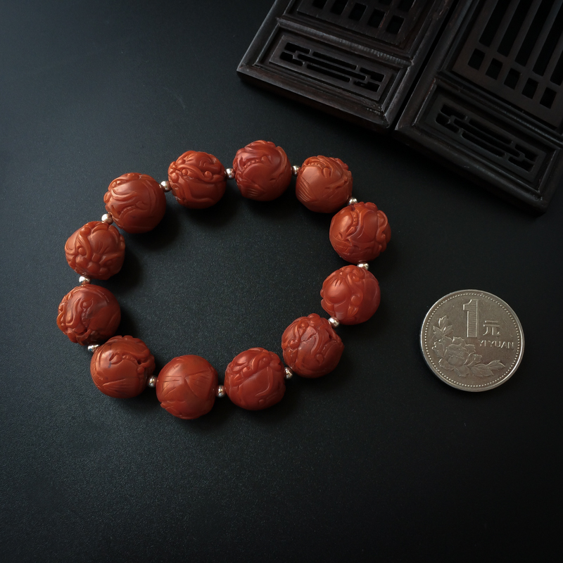 14mm柿子红南红貔貅珠手串-红掌柜