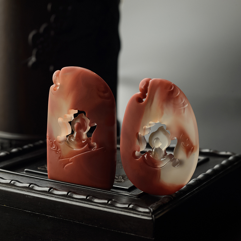 四川冻料柿子红南红镂空两件套-红掌柜