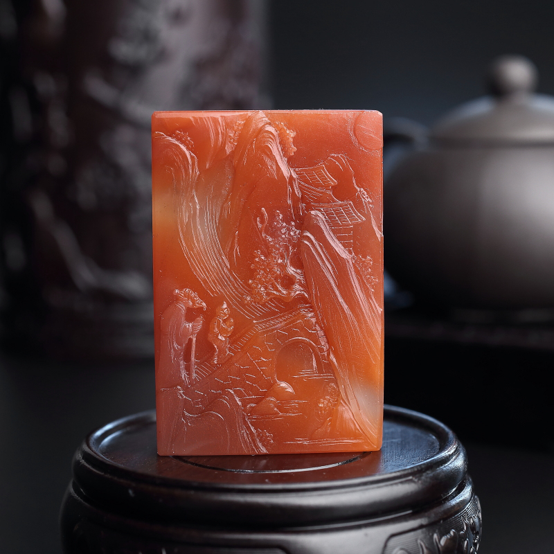 保山柿子红南红秋日登高方牌吊坠 - 红掌柜