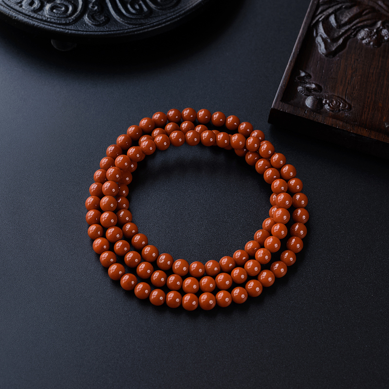天然顶级川料满肉柿子红南红佛珠 - 红掌柜