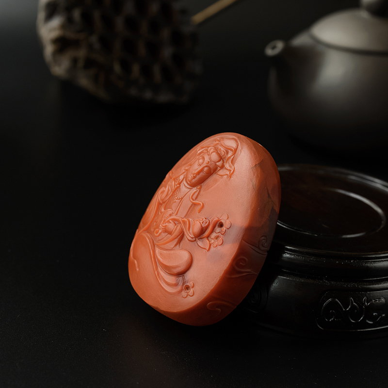 川料柿子红南红观音吊坠 - 红掌柜