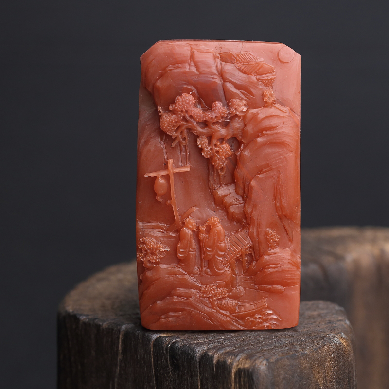 川料天然柿子红南红山水意境牌吊坠-红掌柜