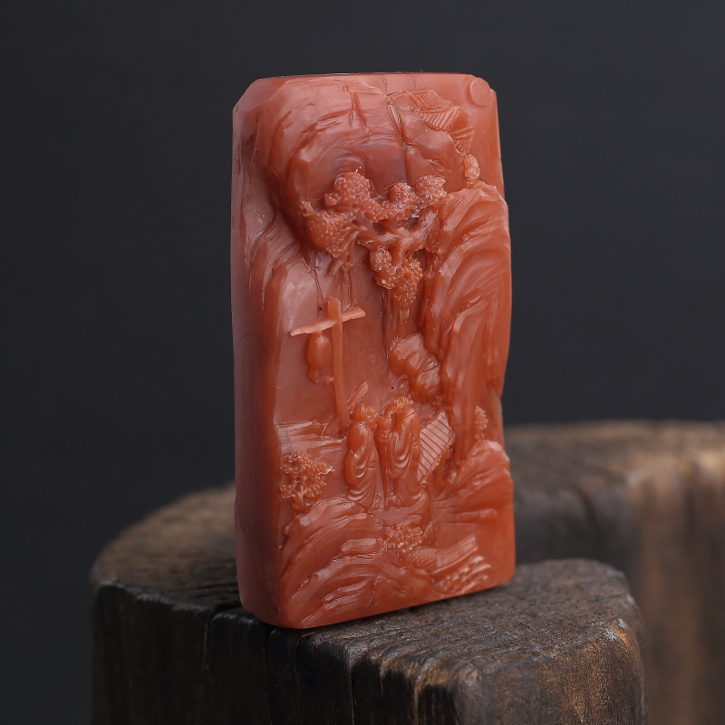 天然柿子红南红山水意境牌吊坠-红掌柜