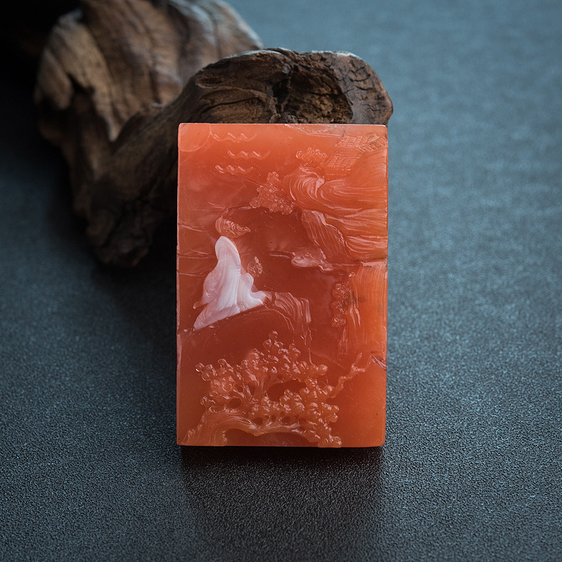 保山天然柿子红南红山水意境吊坠-红掌柜