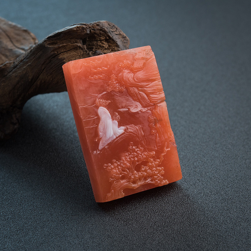 天然柿子红南红山水意境吊坠-红掌柜