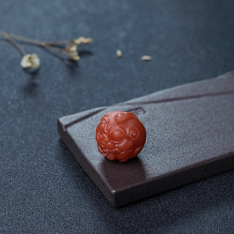 天然柿子红南红貔貅珠-红掌柜