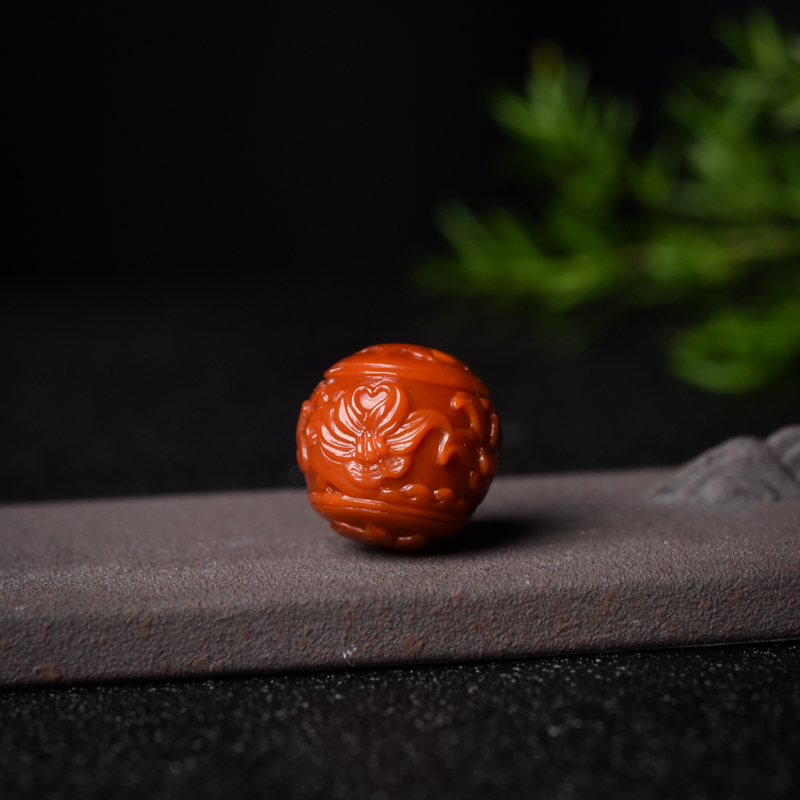 19mm柿子红南红雕花圆珠-红掌柜