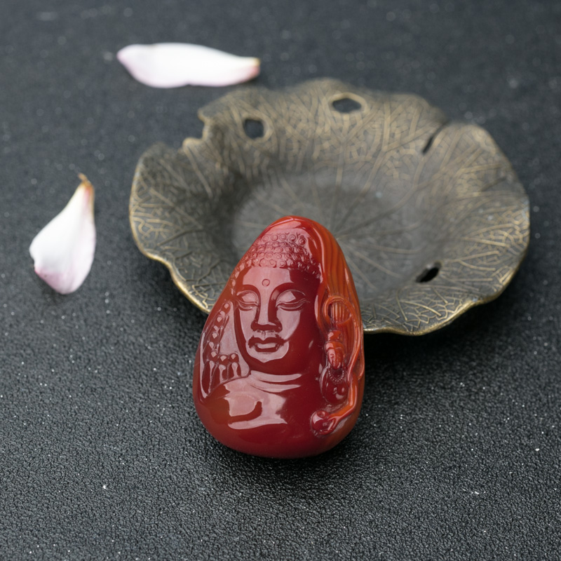 川料天然俏色南红万佛朝宗吊坠-红掌柜