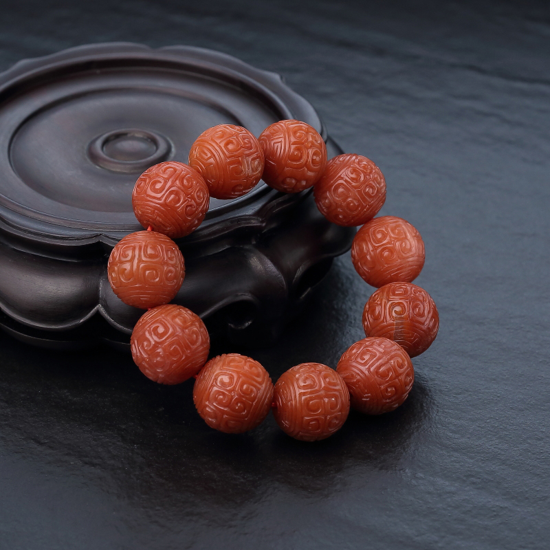 柿子红南红回纹珠手串-红掌柜