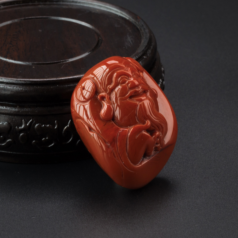 九口天然柿子红南红财神吊坠-红掌柜