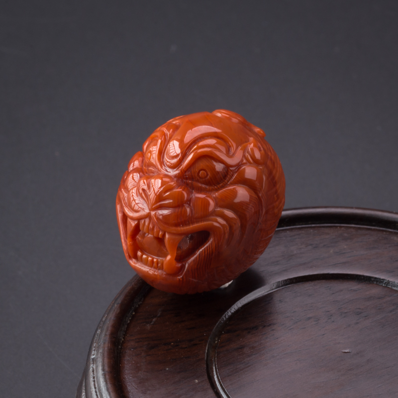 九口火焰纹南红兽头吊坠-红掌柜