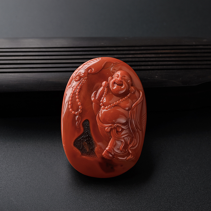 川料柿子红南红弥勒佛吊坠-红掌柜