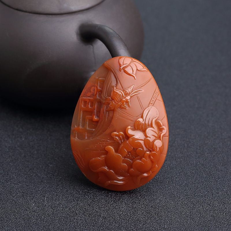 川料天然柿子红南红蝶恋花吊坠-红掌柜