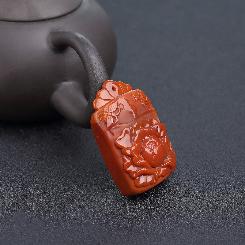 天然柿子红南红蝶恋花吊坠-红掌柜