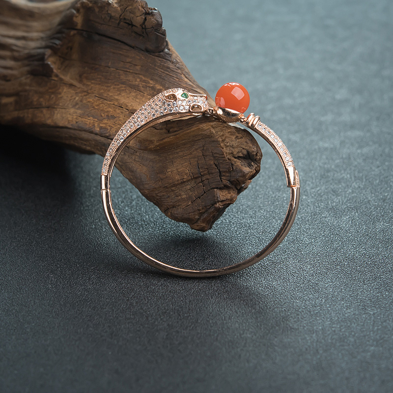四川天然银镶钻樱桃红南红手镯-红掌柜