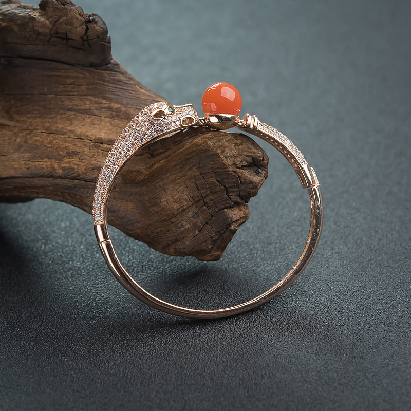 天然银镶钻樱桃红南红手镯-红掌柜