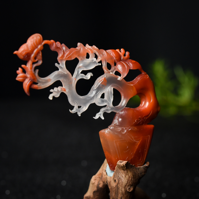 天然冰飘料南红花开富贵摆件-红掌柜