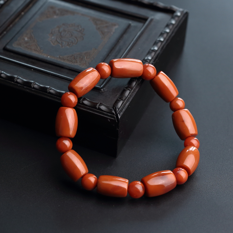 满肉柿子红南红桶珠手串-红掌柜