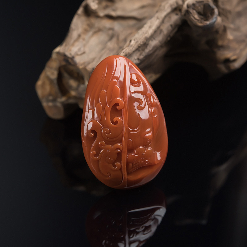 天然柿子红南红仿古龙吊坠-红掌柜