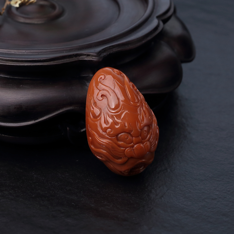 川料柿子红南红兽头吊坠-红掌柜