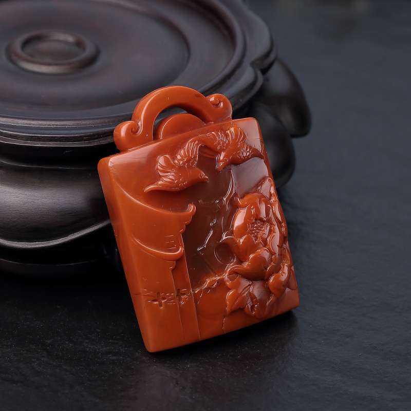 川料柿子红南红花鸟吊坠-红掌柜