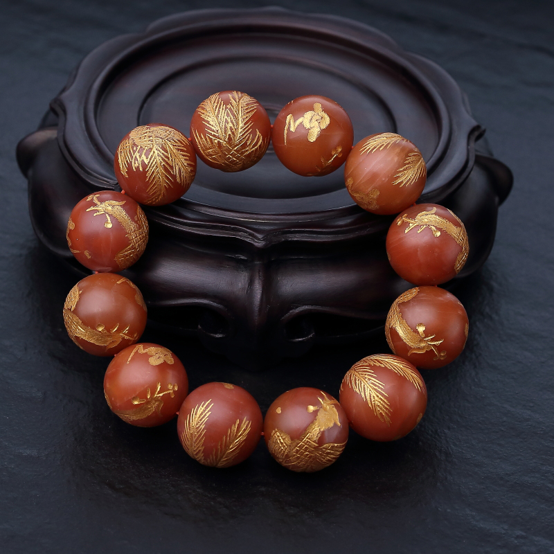 川料天然柿子红南红描金凤凰单圈手串-红掌柜
