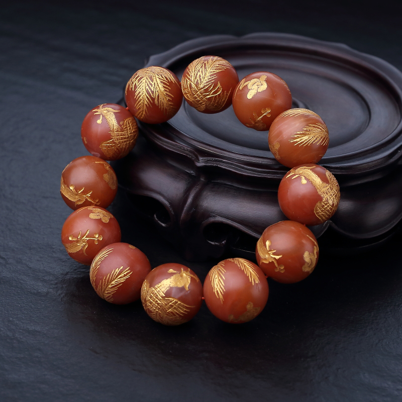 天然柿子红南红描金凤凰单圈手串-红掌柜