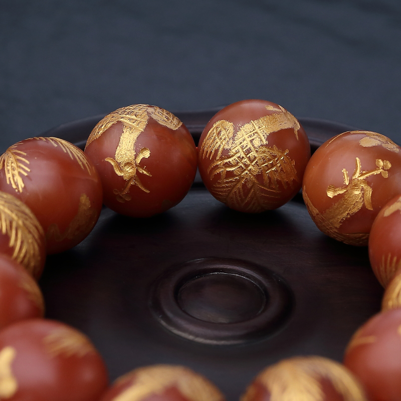 川料天然柿子红南红描金凤凰手串-红掌柜