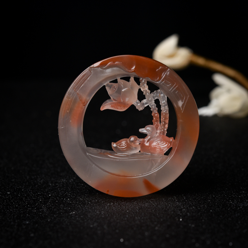 冰飘料南红鸳鸯戏水吊坠-红掌柜