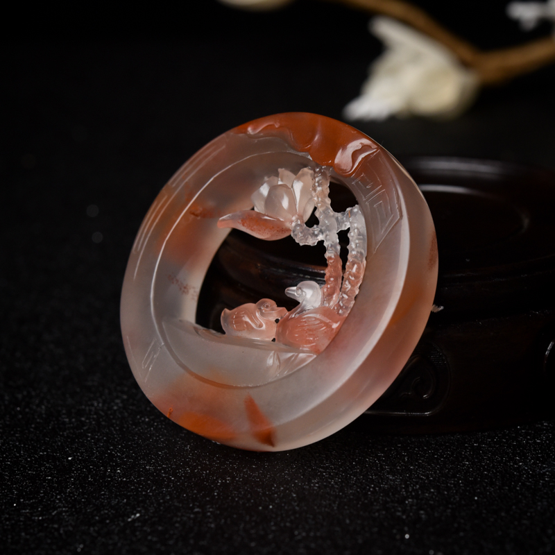 四川冰飘料南红鸳鸯戏水吊坠-红掌柜