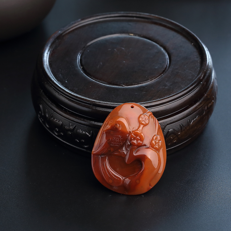 玫瑰红带柿子红南红喜上眉梢吊坠-红掌柜