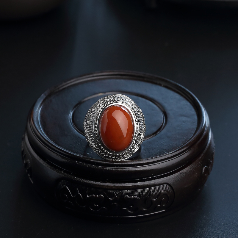 银镶川料柿子红南红戒指-红掌柜