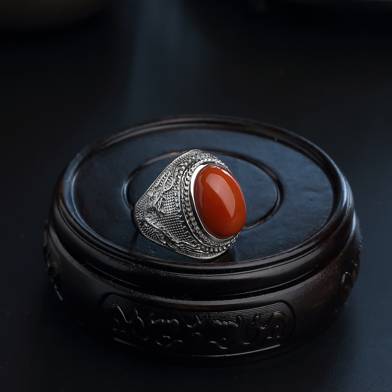 川料柿子红南红戒指-红掌柜