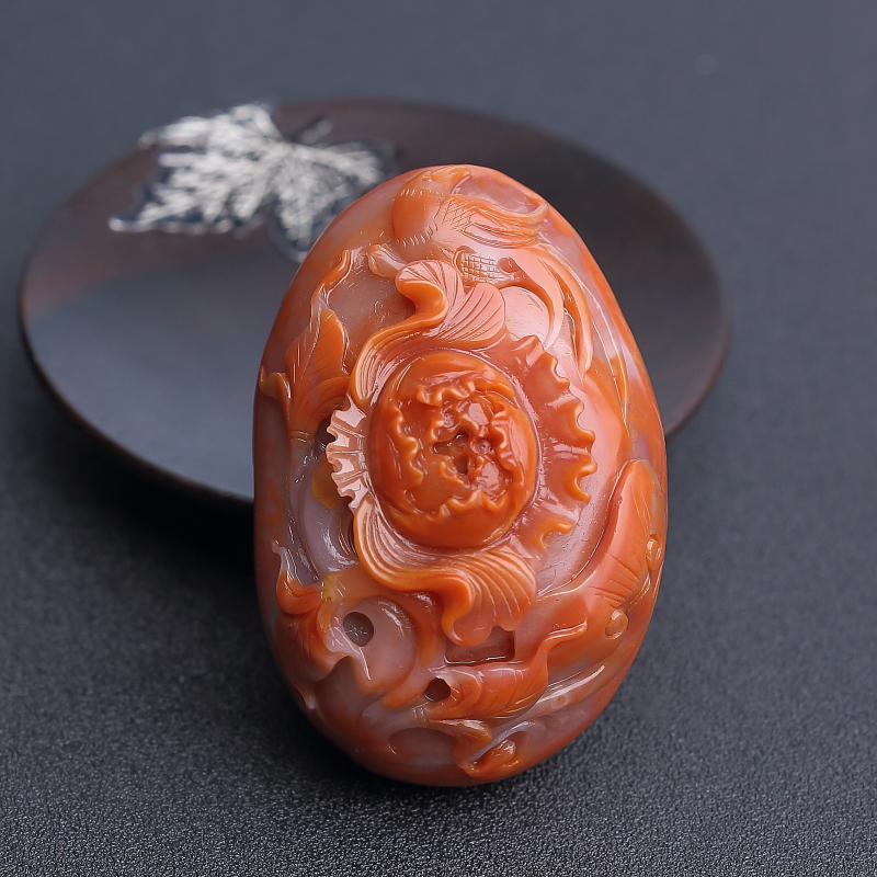 川料天然柿子红南红牡丹花吊坠 - 红掌柜