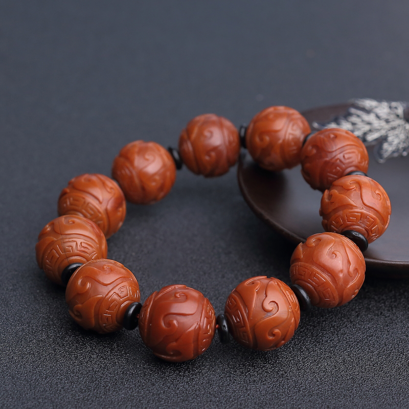 天然柿子红南红回纹珠手串-红掌柜