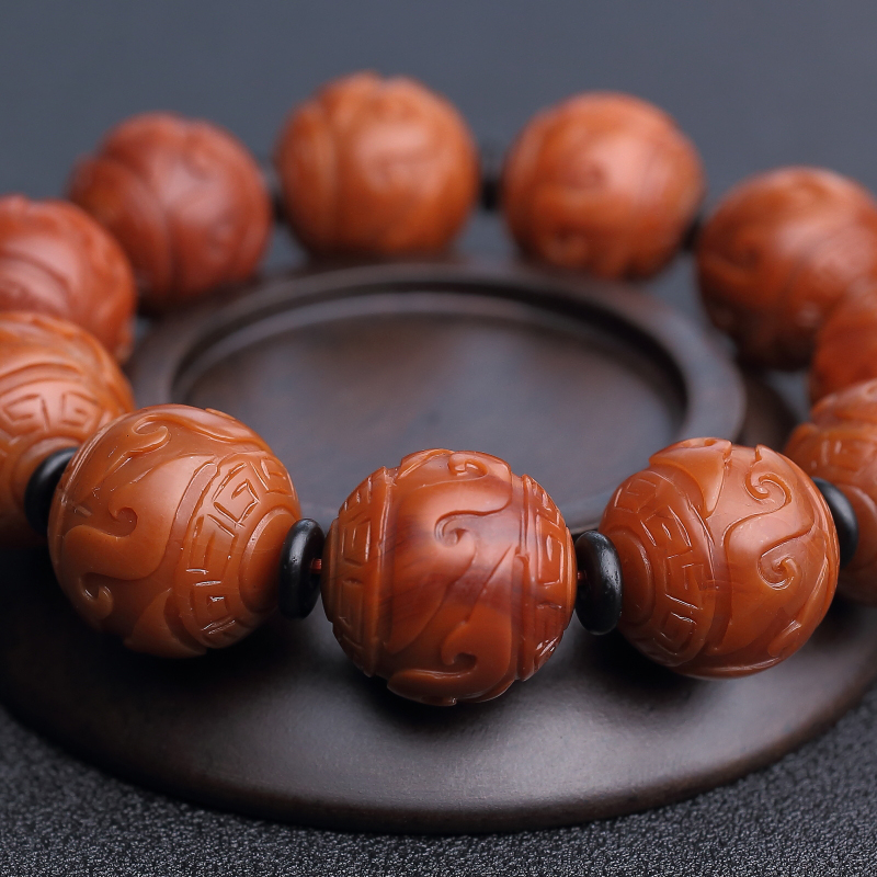 川料天然柿子红南红回纹珠手串-红掌柜