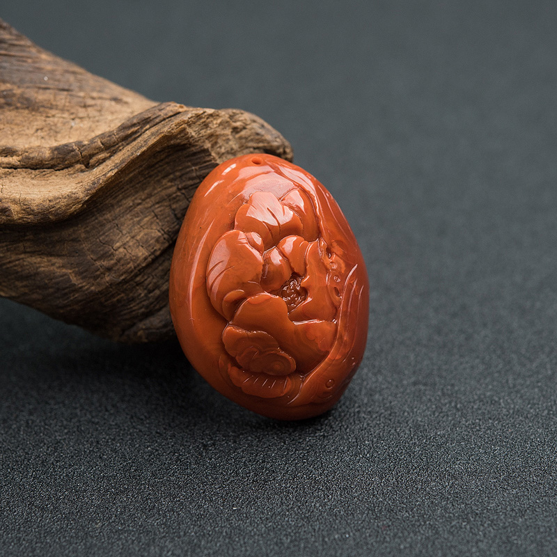 天然柿子红南红牡丹花吊坠-红掌柜