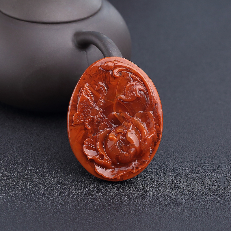 川料天然火焰纹南红蝶恋花吊坠-红掌柜