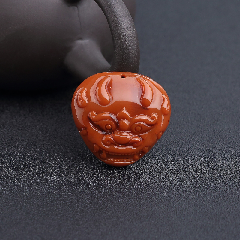 川料天然柿子红南红兽面吊坠-红掌柜