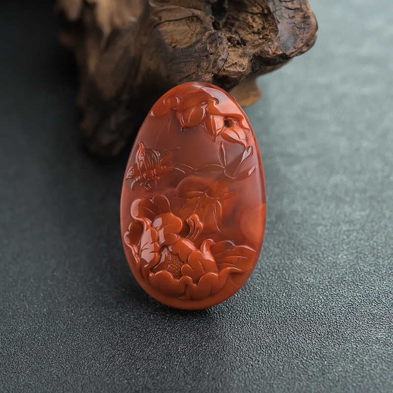 天然柿子红南红蝶恋花吊坠-红掌柜