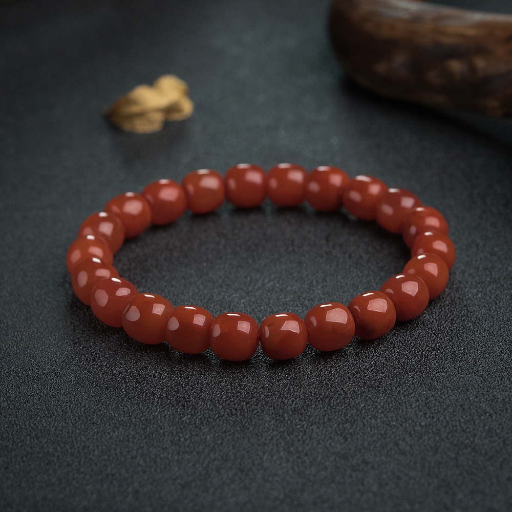 天然南红桶珠单圈手串-红掌柜