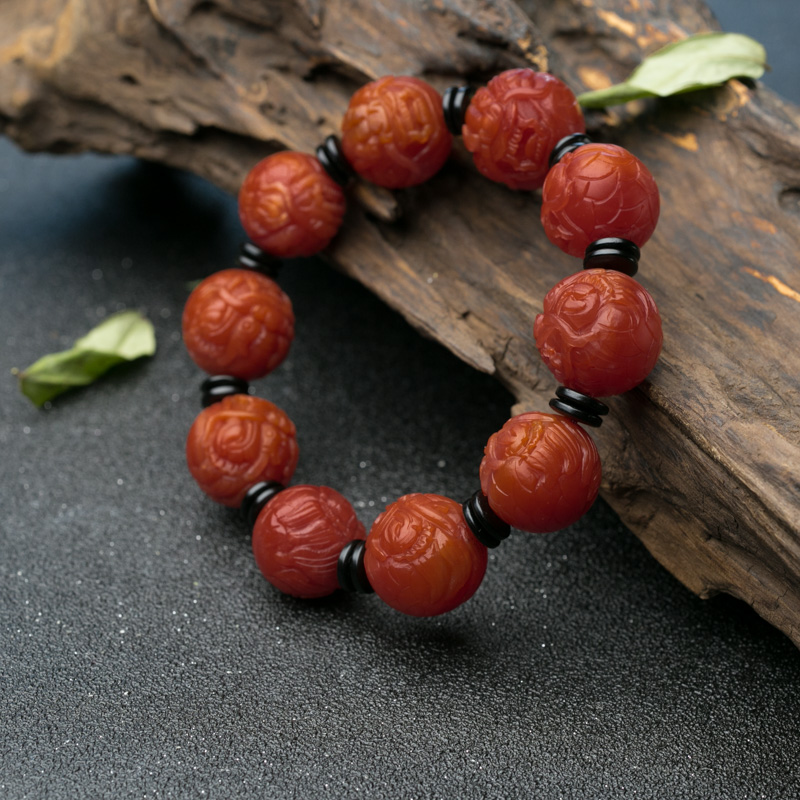 天然柿子红南红貔貅珠单圈手串-红掌柜