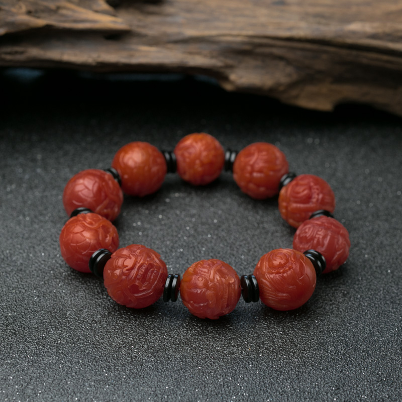 川料天然南红貔貅珠单圈手串-红掌柜