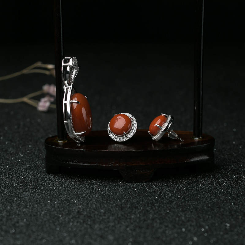 银镶柿子红南红套装-红掌柜